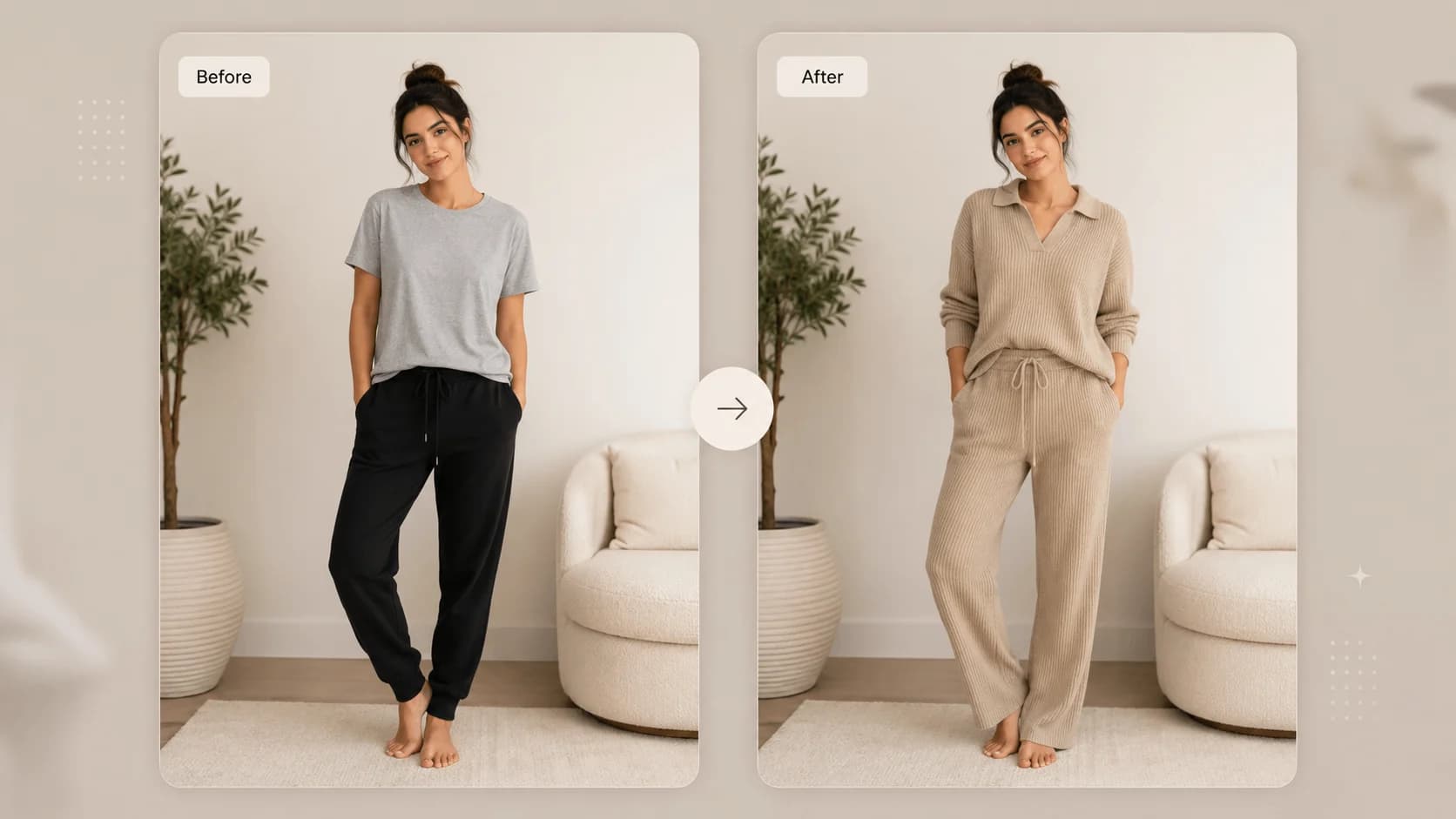 Two virtual outfit previews created from the same portrait